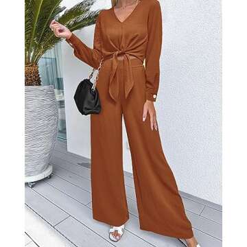 PRETTYGARDEN Women's 2 Piece Outfits 2025 Spring Casual V Neck Long Sleeve Strappy Crop Top Wide Leg Palazzo Pant Sets(Solid Brown Orange,Small)