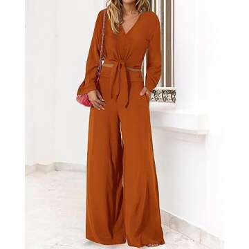 PRETTYGARDEN Women's 2 Piece Outfits 2025 Spring Casual V Neck Long Sleeve Strappy Crop Top Wide Leg Palazzo Pant Sets(Solid Brown Orange,Small)