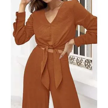 PRETTYGARDEN Women's 2 Piece Outfits 2025 Spring Casual V Neck Long Sleeve Strappy Crop Top Wide Leg Palazzo Pant Sets(Solid Brown Orange,Small)