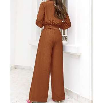 PRETTYGARDEN Women's 2 Piece Outfits 2025 Spring Casual V Neck Long Sleeve Strappy Crop Top Wide Leg Palazzo Pant Sets(Solid Brown Orange,Small)