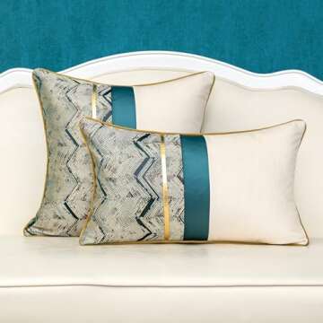 Alerfa 20 x 20 Inch Teal White Geometric Striped Gold Leather Patchwork Velvet Cushion Case Luxury Modern Lumbar Throw Pillow Cover Decorative Pillow for Couch Sofa Living Room Bedroom Car