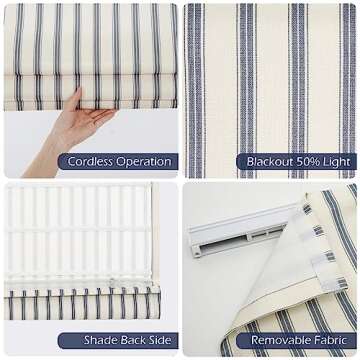Sunbox Cordless Roman Shades Window Blinds, Vertical Stripe Custom Blackout Fabric Roman Shades for Windows，French Door, Kitchen, Mystic Grey Stripe