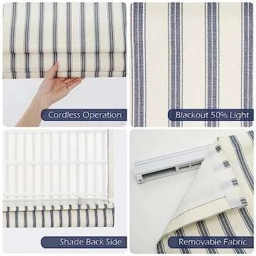 Sunbox Cordless Roman Shades Window Blinds, Vertical Stripe Custom Blackout Fabric Roman Shades for Windows，French Door, Kitchen, Mystic Grey Stripe