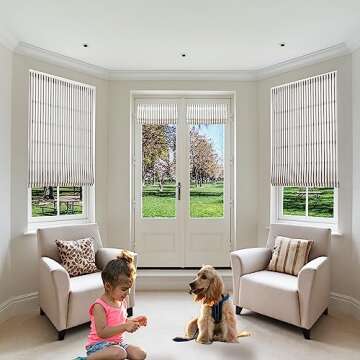 Sunbox Cordless Roman Shades Window Blinds, Vertical Stripe Custom Blackout Fabric Roman Shades for Windows，French Door, Kitchen, Mystic Grey Stripe