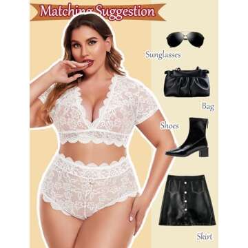Avidlove Wedding Lingerie for Bride Plus Floral Lace Scallop Trim Lingerie Set Deep V Allover Lace B...