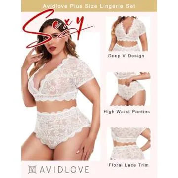 Avidlove Wedding Lingerie for Bride Plus Floral Lace Scallop Trim Lingerie Set Deep V Allover Lace Bra Panties Set Sexy Clubwear (16 Plus, White)