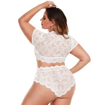 Avidlove Wedding Lingerie for Bride Plus Floral Lace Scallop Trim Lingerie Set Deep V Allover Lace Bra Panties Set Sexy Clubwear (16 Plus, White)