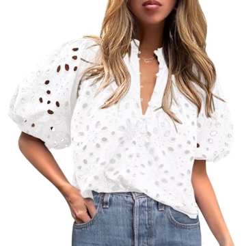 Eyelet Tops for Women Summer Tops, Eyelet Blouses for Women Hollow Out Lace Top Embroidered Blouse, ...