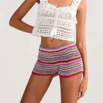Women Y2K Striped Knit Shorts Rainbow Color Block Low Waist Comfy Mini Shorts Loungewear