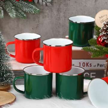 Uiifan12 Pcs Christmas Coffee Mugs Bulk Enamel 12 oz Hot Winter Holiday Galvanized Steel Fall Hot Chocolate Cup Seasonal Christmas Mug Gifts for Women Men Coworker Church Teacher Employee(Red,Green)