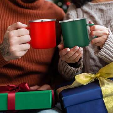 Uiifan12 Pcs Christmas Coffee Mugs Bulk Enamel 12 oz Hot Winter Holiday Galvanized Steel Fall Hot Chocolate Cup Seasonal Christmas Mug Gifts for Women Men Coworker Church Teacher Employee(Red,Green)