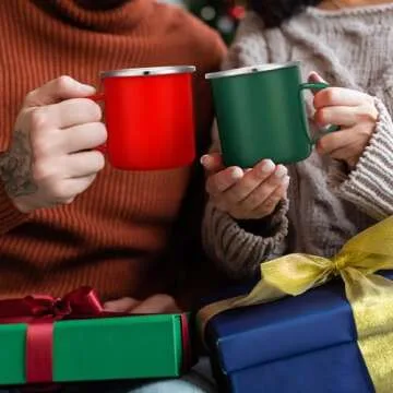 Uiifan12 Pcs Christmas Coffee Mugs Bulk Enamel 12 oz Hot Winter Holiday Galvanized Steel Fall Hot Chocolate Cup Seasonal Christmas Mug Gifts for Women Men Coworker Church Teacher Employee(Red,Green)