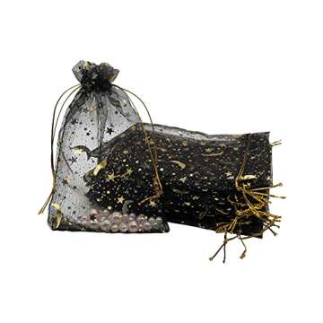 Jexila 100PCS Black Organza Bags 4X6 with Drawstring Jewelry Bags Small Moon Star Mesh Bags for Wedd...