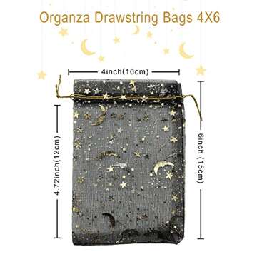 Jexila 100PCS Black Organza Bags 4X6 with Drawstring Jewelry Bags Small Moon Star Mesh Bags for Wedding Party Favor Candy Bags