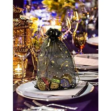 Jexila 100PCS Black Organza Bags 4X6 with Drawstring Jewelry Bags Small Moon Star Mesh Bags for Wedding Party Favor Candy Bags