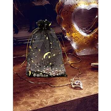 Jexila 100PCS Black Organza Bags 4X6 with Drawstring Jewelry Bags Small Moon Star Mesh Bags for Wedding Party Favor Candy Bags