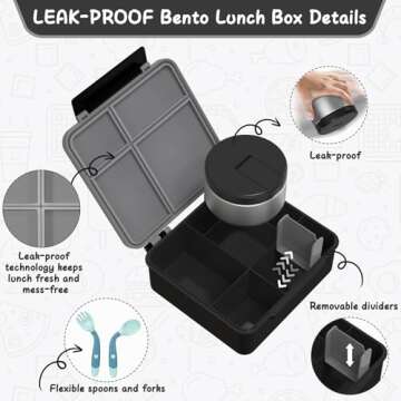 Bento Lunch Box with 8oz Soup Thermo, Leak-Proof Lunch Containers with 4 Compartment, Thermo Hot Food Jar and Insulated Lunch Bag for School Black