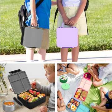 Bento Lunch Box with 8oz Soup Thermo, Leak-Proof Lunch Containers with 4 Compartment, Thermo Hot Food Jar and Insulated Lunch Bag for School Black