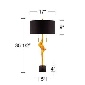 Possini Euro Design Athena Mid Century Modern Buffet Table Lamp 35 1/2" Tall Skinny Sculptural Gold Leaf Metal Abstract Black Drum Shade Decor Bedroom Living Nightstand Bedside Office Kids Room