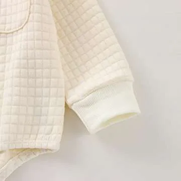 Baby Fall Outfits Girl Boy Crewneck Sweatshirt Bubble Romper Oversized Sweater Onesie Warm Winter Clothes (Quilted Cream,12-18 Months)