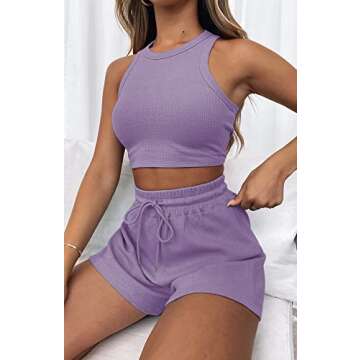 Lingswallow 2 Piece Women Lounge Sets - Sleeveless Crop Top and Shorts Waffle Lounge Set Tracksuits Sweatsuits for Women