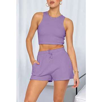 Lingswallow 2 Piece Women Lounge Sets - Sleeveless Crop Top and Shorts Waffle Lounge Set Tracksuits Sweatsuits for Women