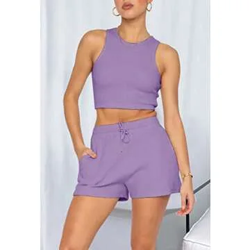 Lingswallow 2 Piece Women Lounge Sets - Sleeveless Crop Top and Shorts Waffle Lounge Set Tracksuits Sweatsuits for Women