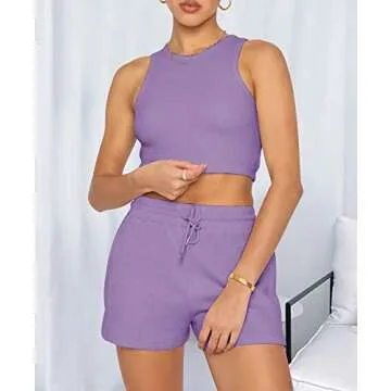 Lingswallow 2 Piece Women Lounge Sets - Sleeveless Crop Top and Shorts Waffle Lounge Set Tracksuits Sweatsuits for Women