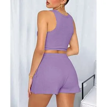 Lingswallow 2 Piece Women Lounge Sets - Sleeveless Crop Top and Shorts Waffle Lounge Set Tracksuits Sweatsuits for Women