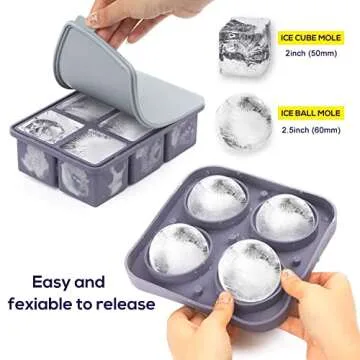 Large Ice Cube Tray, 2 Inches Big Cubes & 2.5 Inches Sphere Whiskey Ice Cube Mold with Lid, Reusable Silicone Ice Ball Mold, Easy Release Round Square Ice Cube Tray for Cocktail Bourbon