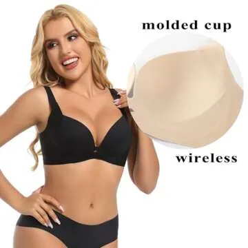 PRETTYWELL Push up Bra T-Shirt Bras for Women Wireless Plunge Bra Supportive Molded Pads Bras Comfort Lift up Deep V Neck Black