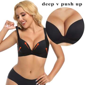 PRETTYWELL Push up Bra T-Shirt Bras for Women Wireless Plunge Bra Supportive Molded Pads Bras Comfort Lift up Deep V Neck Black