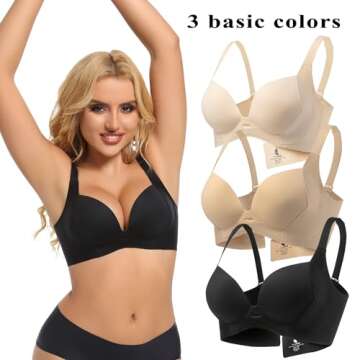 PRETTYWELL Push up Bra T-Shirt Bras for Women Wireless Plunge Bra Supportive Molded Pads Bras Comfort Lift up Deep V Neck Black