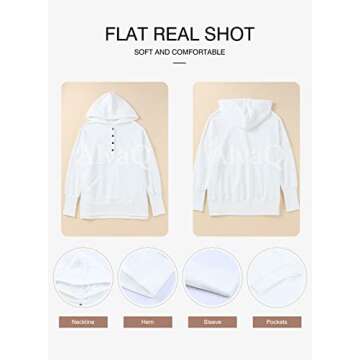 AlvaQ Women White Sweatshirt V Neck Long Sleeve Button Up Pullover Hoodies Oversize Hooded Tops with Pocket Fashion 2024 White Medium