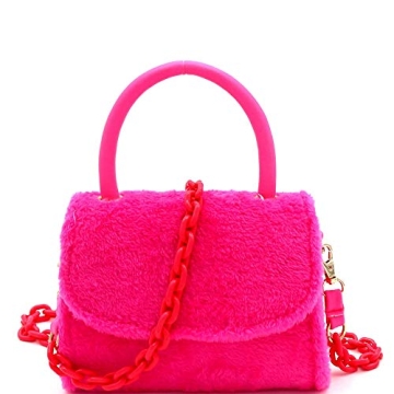 Neon Pink Retro Faux Fur Chain Mini Satchel Bag