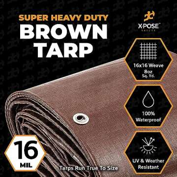Xpose Safety Super Heavy Duty 16 Mil Brown Poly Tarp Cover - Waterproof, UV Resistant, Heavy Duty Ta...