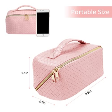 Baonmy Large Capacity Travel Bag - Makeup Bag,Portable PU Leather Waterproof Cosmetic Bag for Women,Travel Makeup Organizer with Handle and Divider Flat Lay Makeup Organizer Bag (Pink)