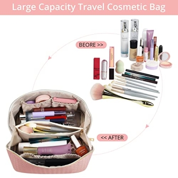 Baonmy Large Capacity Travel Bag - Makeup Bag,Portable PU Leather Waterproof Cosmetic Bag for Women,Travel Makeup Organizer with Handle and Divider Flat Lay Makeup Organizer Bag (Pink)