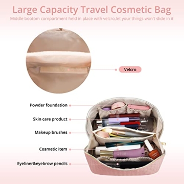 Baonmy Large Capacity Travel Bag - Makeup Bag,Portable PU Leather Waterproof Cosmetic Bag for Women,Travel Makeup Organizer with Handle and Divider Flat Lay Makeup Organizer Bag (Pink)