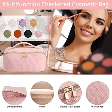 Baonmy Large Capacity Travel Bag - Makeup Bag,Portable PU Leather Waterproof Cosmetic Bag for Women,Travel Makeup Organizer with Handle and Divider Flat Lay Makeup Organizer Bag (Pink)