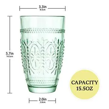CREATIVELAND Colored Vintage Drinking Glasses Set of 4, 15.5 oz Romantic Embossed Water Glasses, Col...