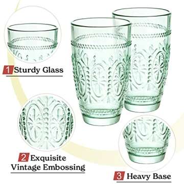 CREATIVELAND Colored Vintage Drinking Glasses Set of 4, 15.5 oz Romantic Embossed Water Glasses, Colored Tumblers Tempered Glass for Juice, Beverages, Beer, Cocktail (Green)