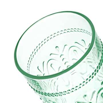 CREATIVELAND Colored Vintage Drinking Glasses Set of 4, 15.5 oz Romantic Embossed Water Glasses, Colored Tumblers Tempered Glass for Juice, Beverages, Beer, Cocktail (Green)