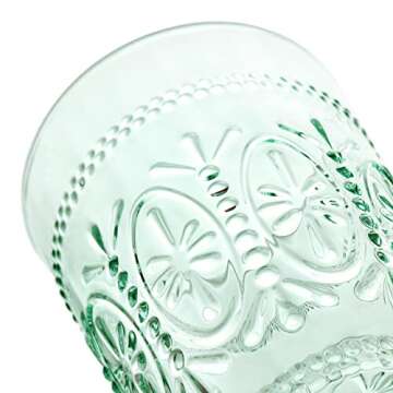 CREATIVELAND Colored Vintage Drinking Glasses Set of 4, 15.5 oz Romantic Embossed Water Glasses, Colored Tumblers Tempered Glass for Juice, Beverages, Beer, Cocktail (Green)