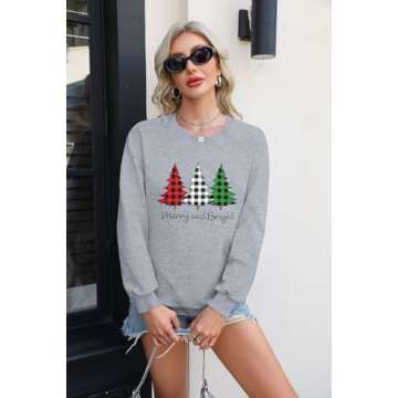 Merry and Bright Shirt Women Funny Leopard Printed Plaid Christmas Trees Long Sleeve Sweatshirts Xma...