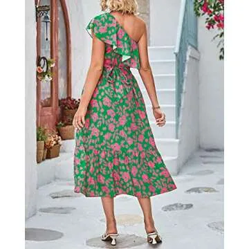 BTFBM Women's One Shoulder Maxi Dress Sleeveless Casual Summer Layered Ruffle Boho Floral Print Party Beach A-Line Dresses(Floral Pink Green, Small)