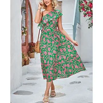 BTFBM Women's One Shoulder Maxi Dress Sleeveless Casual Summer Layered Ruffle Boho Floral Print Party Beach A-Line Dresses(Floral Pink Green, Small)