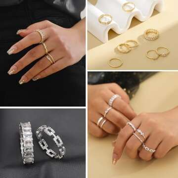 ZOERAY Gold Rings for Women Non Tarnish 14K Gold/Silver Stackable Rings Set Dainty Cubic Zirconia Diamond Thumb Rings Wedding Eternity Band Trendy Simple Baguette Ring Size 5 6 7 8 9 10