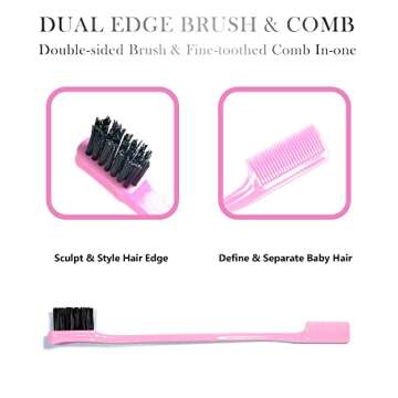 adorisla Hair Brush Set with 2 Pieces Lace Melting Bands, 6.9 Inches Double Sided Edge Brush, 8.7 Inches Bristle Brush, 9.2 Inches Pin Tail Comb, for Wigs and Hair, Pink
