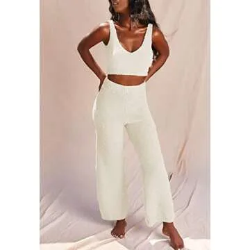 HAPCOPE Women's Fuzzy 3 Pcs Sweatsuit Open Front Cardigan Crop Tank Tops Wide Legs Pants Lounge Sets White L